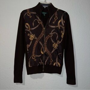 Lauren Ralph Lauren Brown Equestrian Belt print Sweater Jacket